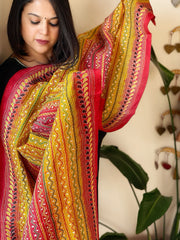 Yellow, Red Handmade Kantha Dupatta in Silk