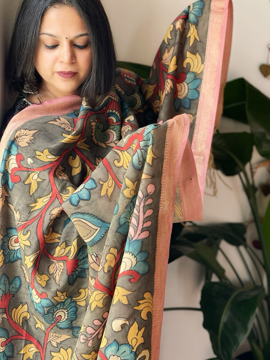 Handpainted Kalamkari Dupatta in Chanderi Silk