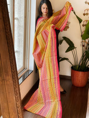 Yellow, Red Handmade Kantha Dupatta in Silk