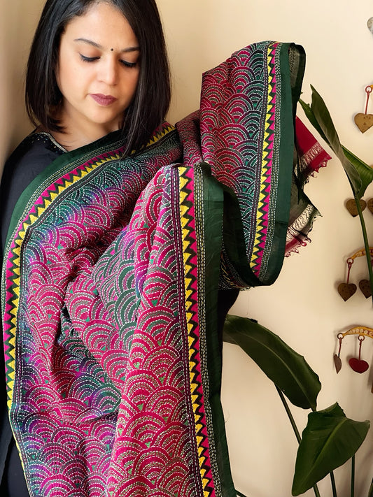 Green, Pink Handmade Kantha Dupatta in Silk