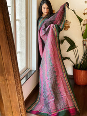 Green, Pink Handmade Kantha Dupatta in Silk