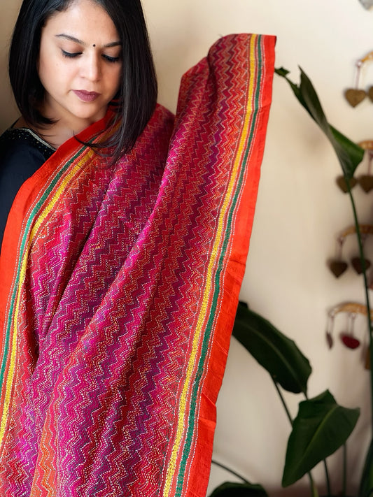 Pink, Orange Handmade Kantha Dupatta in Silk