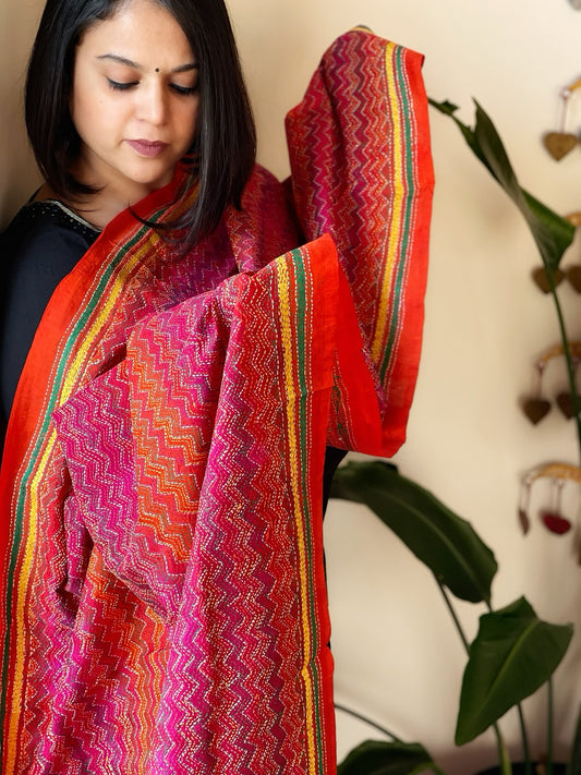 Pink, Orange Handmade Kantha Dupatta in Silk