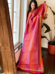 Pink, Orange Handmade Kantha Dupatta in Silk