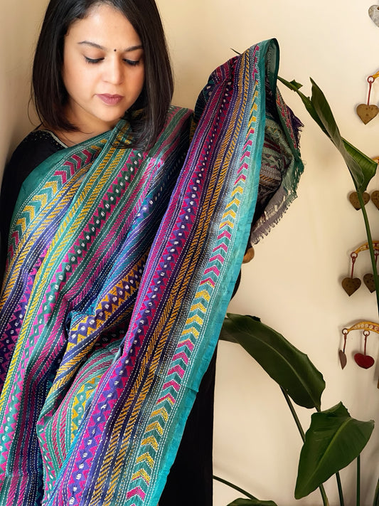 Blue, Turquoise Handmade Kantha Dupatta in Silk