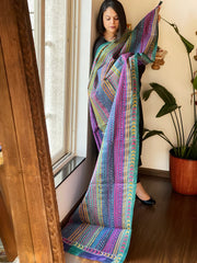 Blue, Turquoise Handmade Kantha Dupatta in Silk