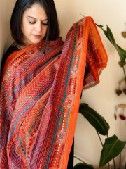 Orange, Maroon Handmade Kantha Dupatta in Silk