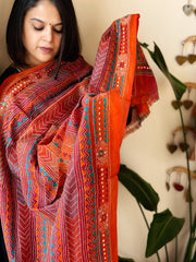 Orange, Maroon Handmade Kantha Dupatta in Silk