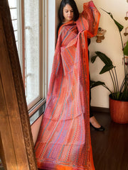 Orange, Maroon Handmade Kantha Dupatta in Silk