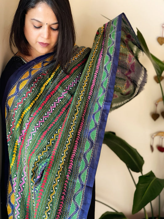 Green, Blue Handmade Kantha Dupatta in Silk