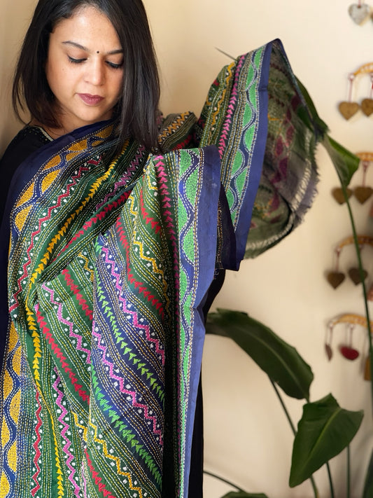 Green, Blue Handmade Kantha Dupatta in Silk