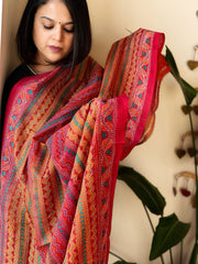 Red, Orange Handmade Kantha Dupatta in Silk