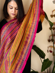 Mustard, Pink Handmade Kantha Dupatta in Silk