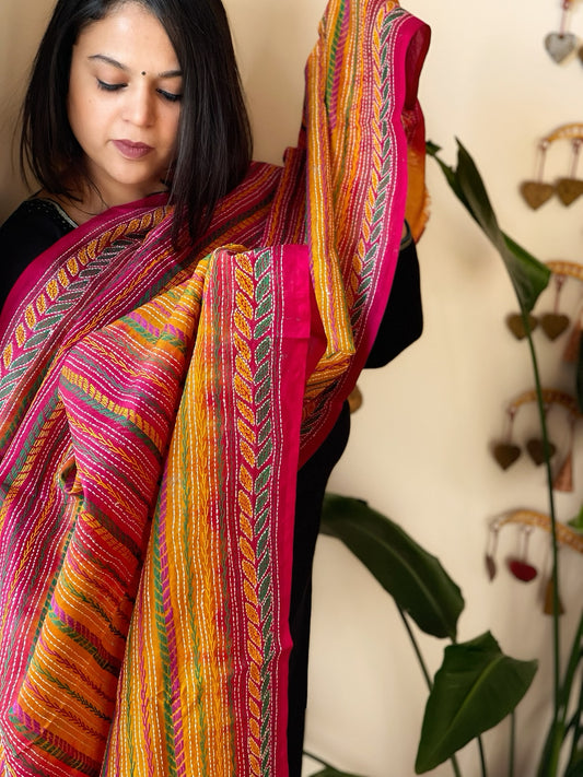 Mustard, Pink Handmade Kantha Dupatta in Silk