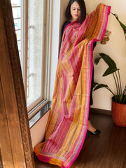 Mustard, Pink Handmade Kantha Dupatta in Silk