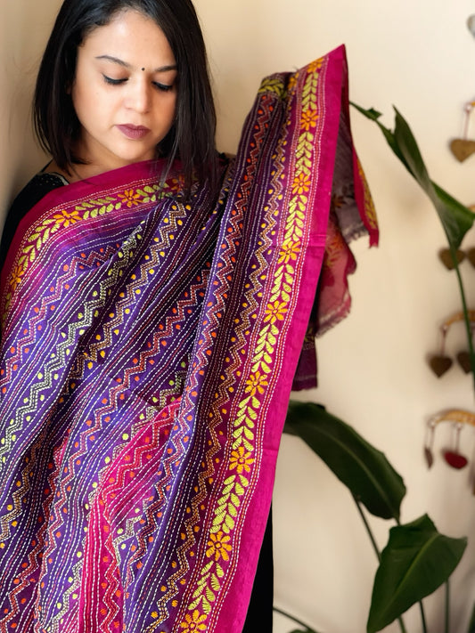 Purple, Pink Handmade Kantha Dupatta in Silk