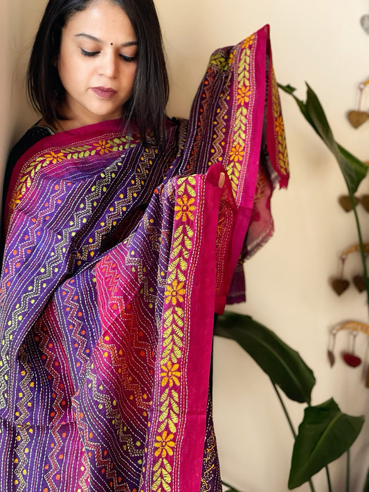 Purple, Pink Handmade Kantha Dupatta in Silk