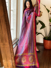 Purple, Pink Handmade Kantha Dupatta in Silk