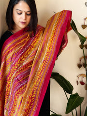 Yellow, Red Handmade Kantha Dupatta in Silk