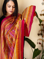 Yellow, Red Handmade Kantha Dupatta in Silk