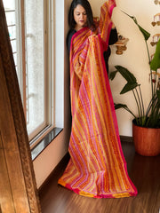 Yellow, Red Handmade Kantha Dupatta in Silk