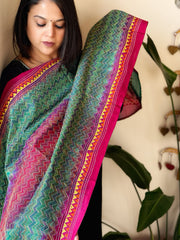 Pink, Green Handmade Kantha Dupatta in Silk