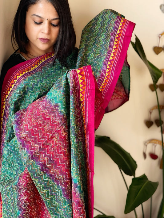 Pink, Green Handmade Kantha Dupatta in Silk