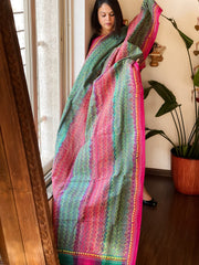 Pink, Green Handmade Kantha Dupatta in Silk