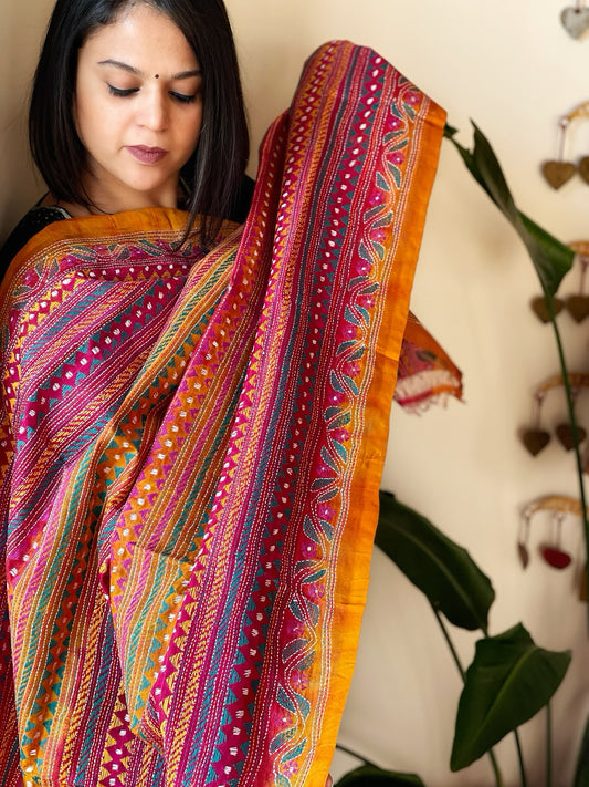 Mustard, Pink Handmade Kantha Dupatta in Silk