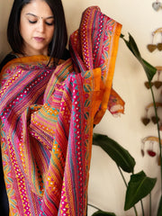 Mustard, Pink Handmade Kantha Dupatta in Silk