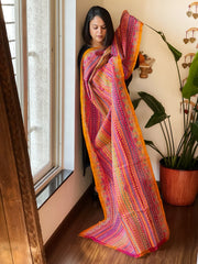 Mustard, Pink Handmade Kantha Dupatta in Silk