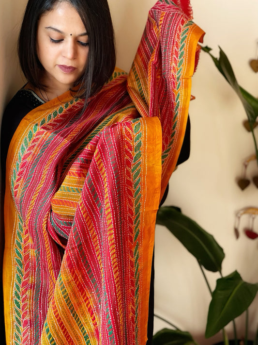 Mustard, Pink Handmade Kantha Dupatta in Silk