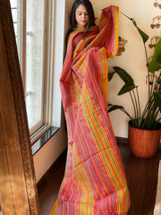 Mustard, Pink Handmade Kantha Dupatta in Silk