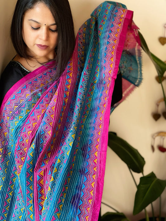 Pink, Blue Handmade Kantha Dupatta in Silk