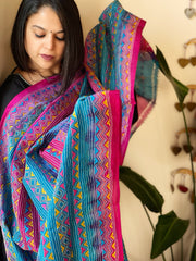 Pink, Blue Handmade Kantha Dupatta in Silk