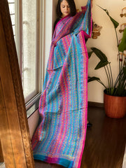 Pink, Blue Handmade Kantha Dupatta in Silk