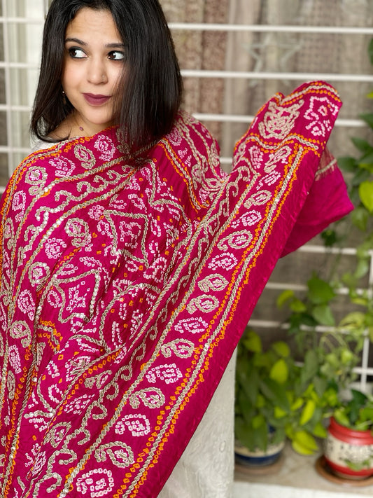 Pink Bandhani Dupatta with Gotapatti Handwork in Pure Silk