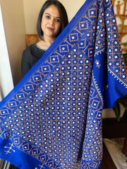 Blue Handmade Nakshi Kantha Saree with Mirror Handwork in Pure Silk