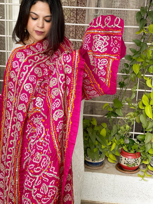 Pink Bandhani Dupatta with Gotapatti Handwork in Pure Silk