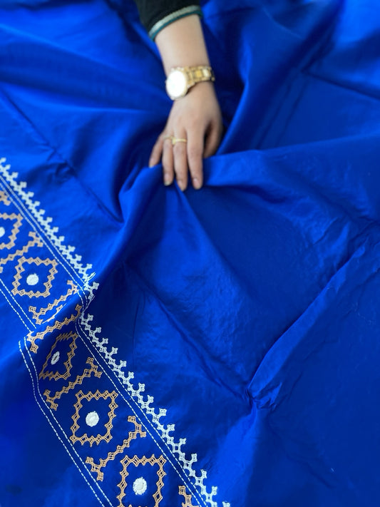 Blue Handmade Nakshi Kantha Saree with Mirror Handwork in Pure Silk