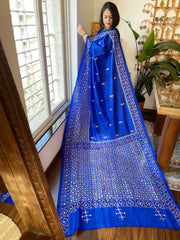 Blue Handmade Nakshi Kantha Saree with Mirror Handwork in Pure Silk