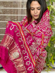 Pink Bandhani Dupatta with Gotapatti Handwork in Pure Silk