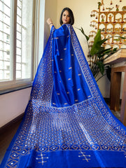 Blue Handmade Nakshi Kantha Saree with Mirror Handwork in Pure Silk