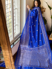 Blue Handmade Nakshi Kantha Saree with Mirror Handwork in Pure Silk