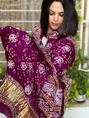 Purple Bandhani Dupatta with Gotapatti Handwork in Pure Silk