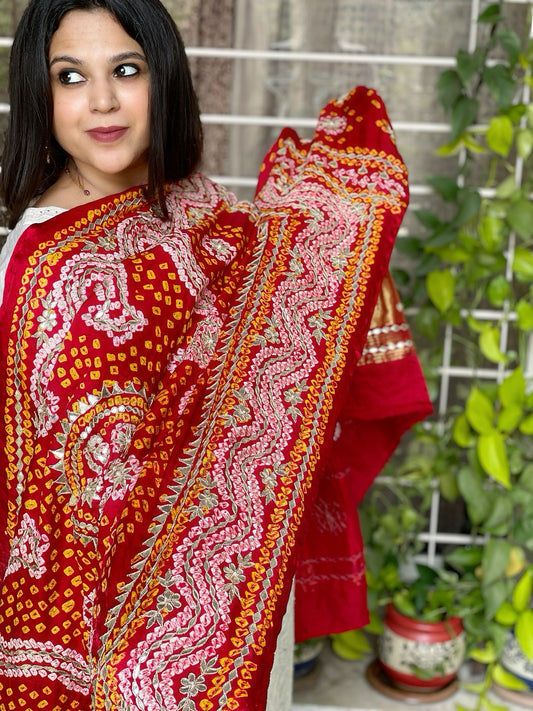 Red Bandhani Dupatta with Gotapatti Handwork in Pure Silk