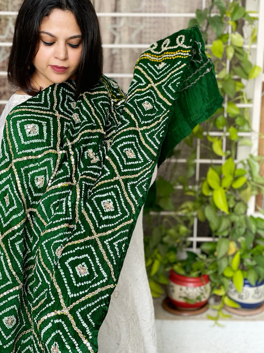 Green Bandhani Dupatta with Gotapatti Handwork in Pure Silk