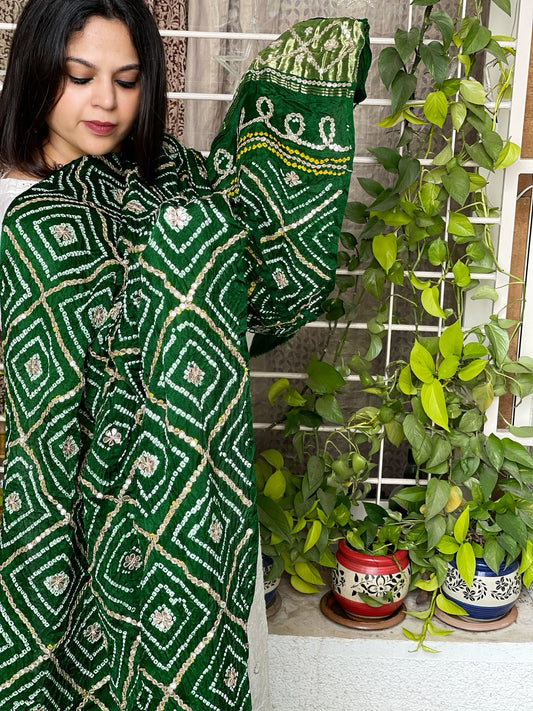 Green Bandhani Dupatta with Gotapatti Handwork in Pure Silk