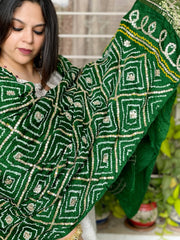 Green Bandhani Dupatta with Gotapatti Handwork in Pure Silk