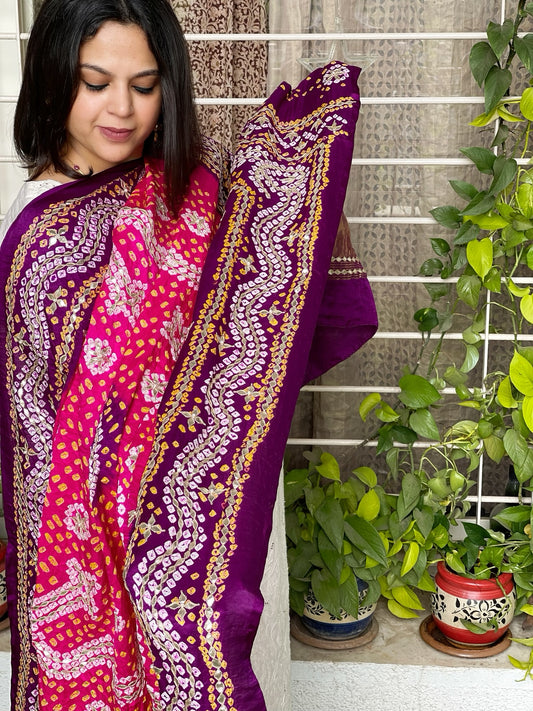 Pink Bandhani Dupatta with Gotapatti Handwork in Pure Silk